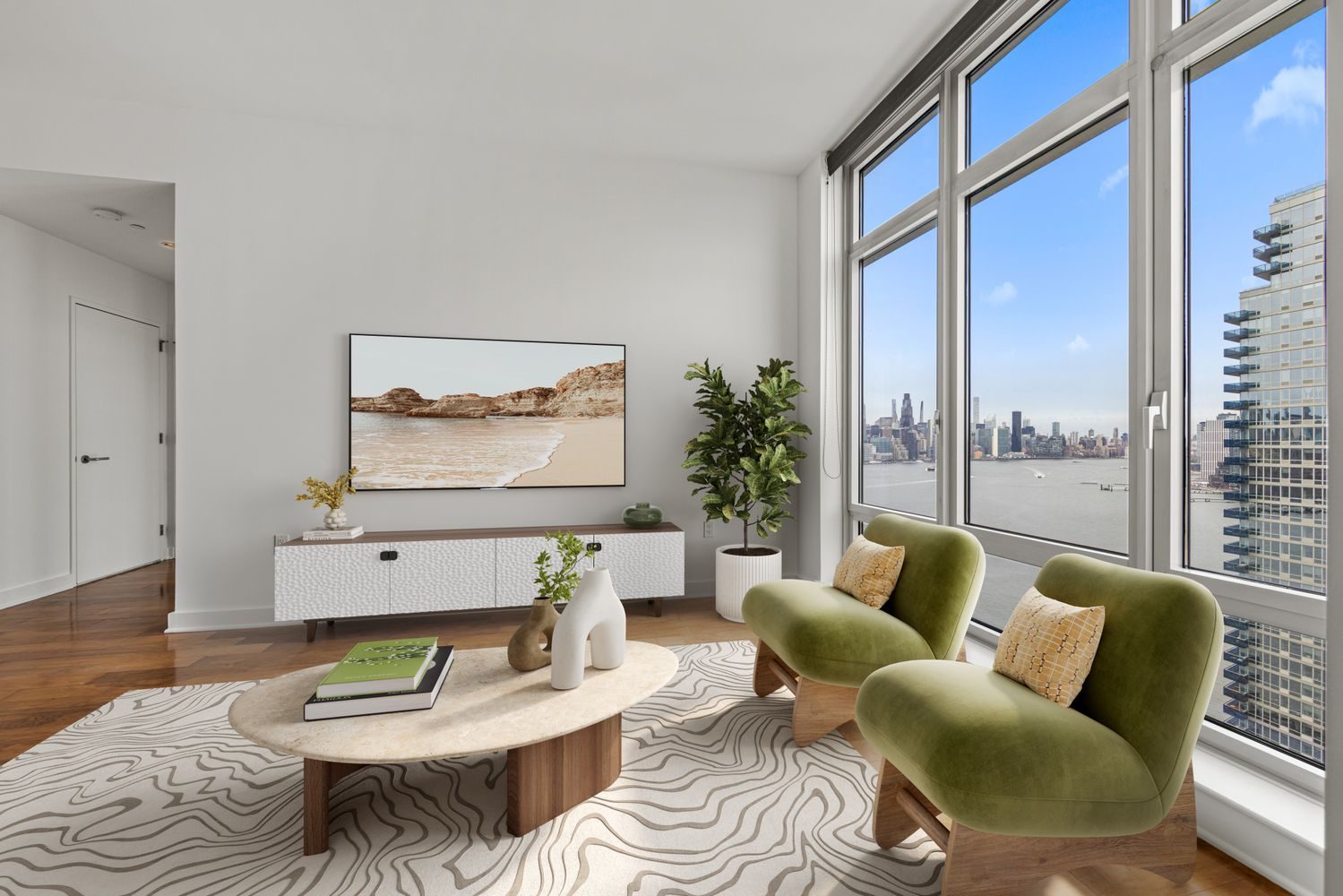 Living room with floor-to-ceiling windows at 2 Northside Piers in Williamsburg
