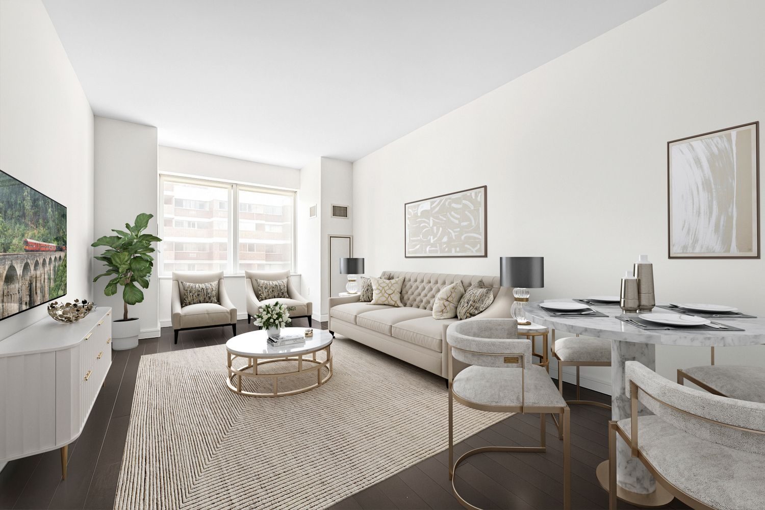 Living and dining area with a wall of windows at 300 East 23rd Street