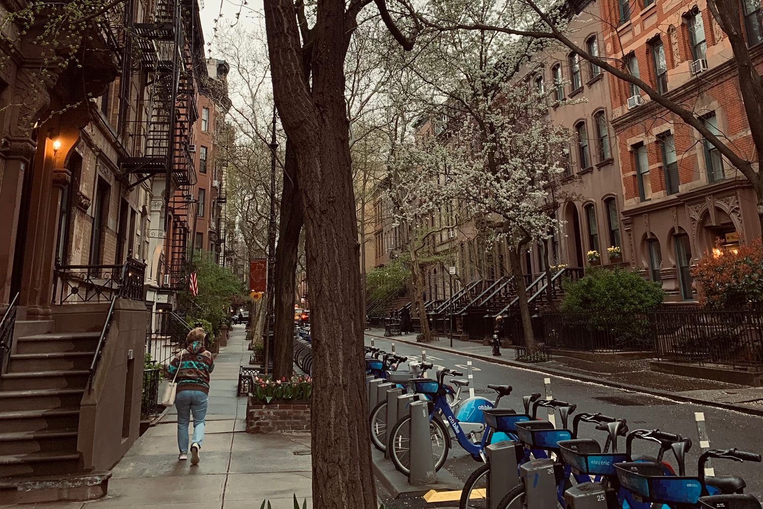 Tree-lined West Village street with brownstones and fire escapes